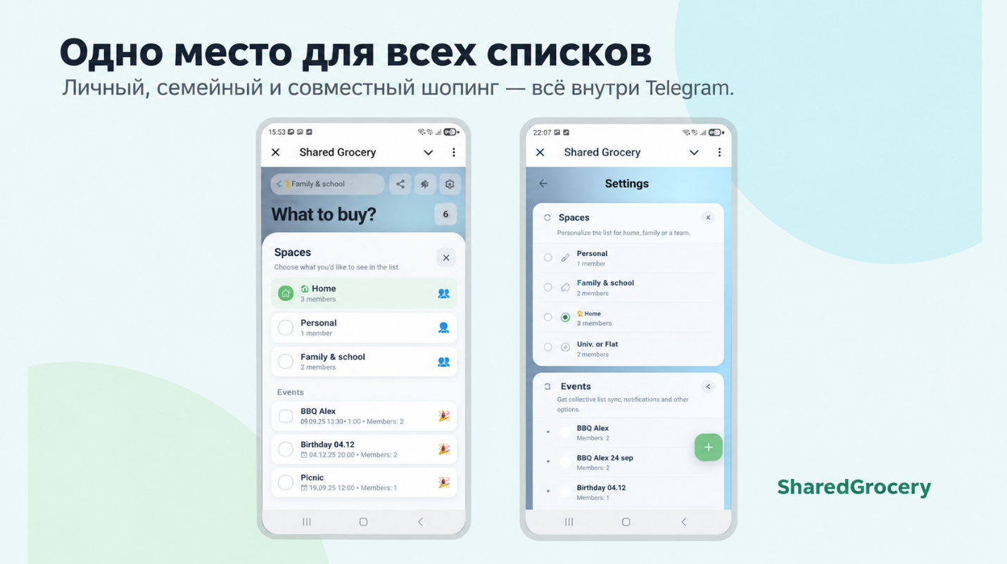 Личные, семейные и совместные списки SharedGrocery